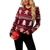Gingerbread Man Jacquard Long-sleeve Pullover Sweater, Women's New Casual Crewneck Knitwear, Christmas Sweater,Autumn and Winter