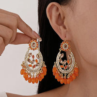 Bohemian Orange Resin Beaded Tassel Droplet Geometric Earrings Women Ethnic Vacation Fashion Jewelry