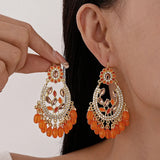 Bohemian Orange Resin Beaded Tassel Droplet Geometric Earrings Women Ethnic Vacation Fashion Jewelry
