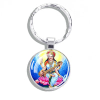 Hinduism Keychains Ganesha Vishnu Goddess of Kashmi Wealth Shiva Amulet Key Chain Glass Dome Keyring India Buddhism Jewelry Gift