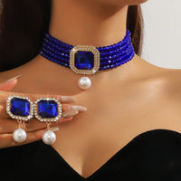 FYUAN Multilayer Green Red Blue Black Crystal Necklace Geometric Square Pearl Earrings For Women Weddings Banquet Jewelry Sets