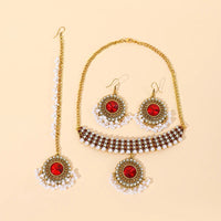 Luxury Gold Color Round Crystal Jewelry Set Vintage Earring Necklace Forehead Headdress Dubai Bridal Wedding Jewelry Accessories