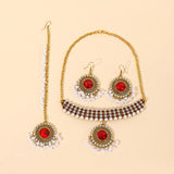 Luxury Gold Color Round Crystal Jewelry Set Vintage Earring Necklace Forehead Headdress Dubai Bridal Wedding Jewelry Accessories