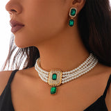 1Set Luxury Multilayer Imitation Pearl Necklace Earrings For Women Girls Temperament Jewelry Bridal Rhinestone Wedding Jewelry