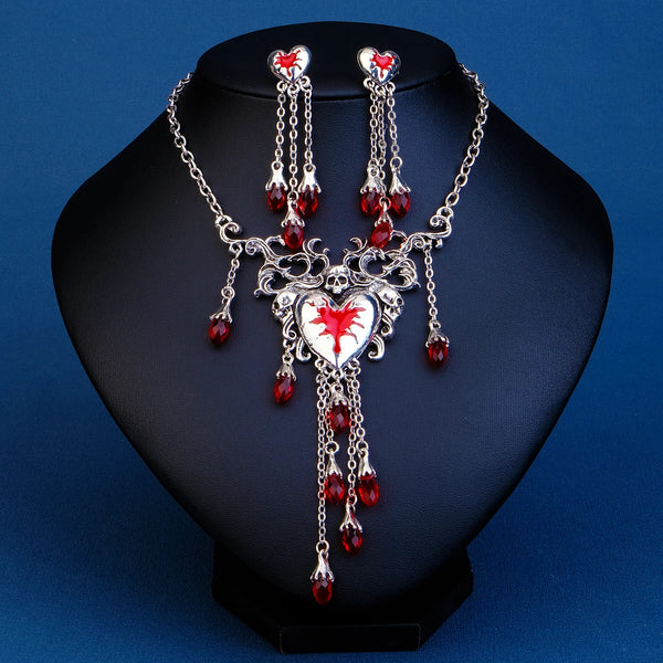 Halloween Bloody Rhinestone Necklace Set Earrings Heart Damage Bleeding Broken Women Jewelry and Accessories