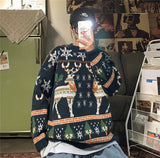 Christmas Reindeer Pullover Sweater Long Sleeve Red Loose Lazy Knitwear Horean Casual O Neck Hiphop Bf Couple Harajuku Y2K Top