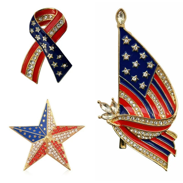 American Flag Pentagram Bow Gold Tone Crystal Brooch Lapel Pins USA Patriotic Jewelry for Women Men Coat Suit  Corsage
