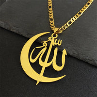 Muslim Allah Crescent Moon Symbol Necklace for Women Men Stainless Steel Silver Color Arabic Islamic Chain Jewelry collarNZZZ769