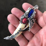 China Cloisonne Tibetan Silver Wild Boar Tusks Teeth Taxidermy Amulet Pendant