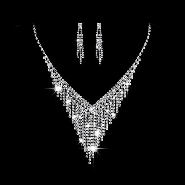 Luxury Crystal Tassel Bride Jewelry Set Rhinestone V Shape Silver-plated Wedding Dress Banquet Necklace Earring Set Ladies Gift