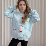 Christmas Sweater Women 2024 Korean Style O Neck Casual Loose Jumper Women Chic O Neck Peark Bow New Year Sweater Knitwear