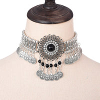 Ethnic Statement Collar Necklace for Women Choker Bohemian Vintage Hollow Geometric Crystal Rhinestone Beads Coin Tassel Jewelry