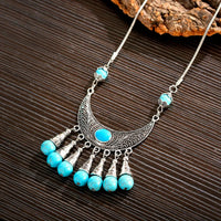 Bohemia Vintage Ethnic Leaf Red Stone Tassel Necklace For Women Gypsy Sliver Color Long Chain Necklace For Girls Tibetan Jewelry