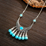Bohemia Vintage Ethnic Leaf Red Stone Tassel Necklace For Women Gypsy Sliver Color Long Chain Necklace For Girls Tibetan Jewelry