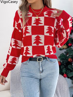 VigoCasey 2025 Autumn Winter Lady Christmas Knitted Sweater Women O Neck Plaid Print Pullover Lantern Long Sleeve Loose Jumper