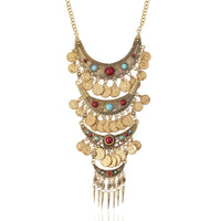 Boho Ethnic Retro Antique Gold color Alloy Carving Imitation Turquoise Coin Tassel Statement Necklace Women's Party Accessories