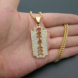 Trendy Titanium Steel Gold Plated Rhinestones Blade Pendant Necklace Creative Personality Men's Hip Hop Fashion Jewelry