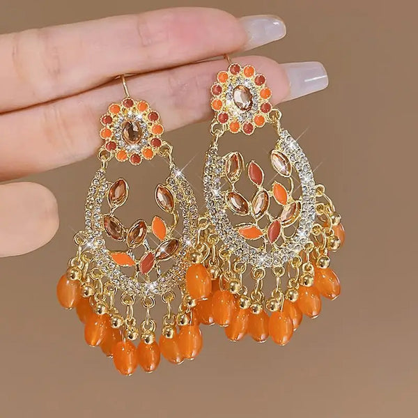 Bohemian Orange Resin Beaded Tassel Droplet Geometric Earrings Women Ethnic Vacation Fashion Jewelry