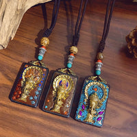 Nepal Tangka Pendant Male Green Tara Manjushri Bodhisattva Black Sandalwood Buddha Sign Vintage Necklace Sweater Chain Jewelry