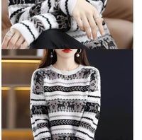 Autumn Winter Women Simple Elk Deer Jacquard Christmas Knitted Sweater Y2K Casual O Neck Long Sleeve Pullover Tops Loose Jumpers