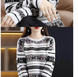 Autumn Winter Women Simple Elk Deer Jacquard Christmas Knitted Sweater Y2K Casual O Neck Long Sleeve Pullover Tops Loose Jumpers