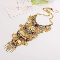 Boho Ethnic Retro Antique Gold color Alloy Carving Imitation Turquoise Coin Tassel Statement Necklace Women's Party Accessories