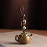 Statue Mini Little Teapot Keychain Waterproof Openable Carved Teapot Pendant Beads Ornament Green Sandalwood Phone Chain Friends