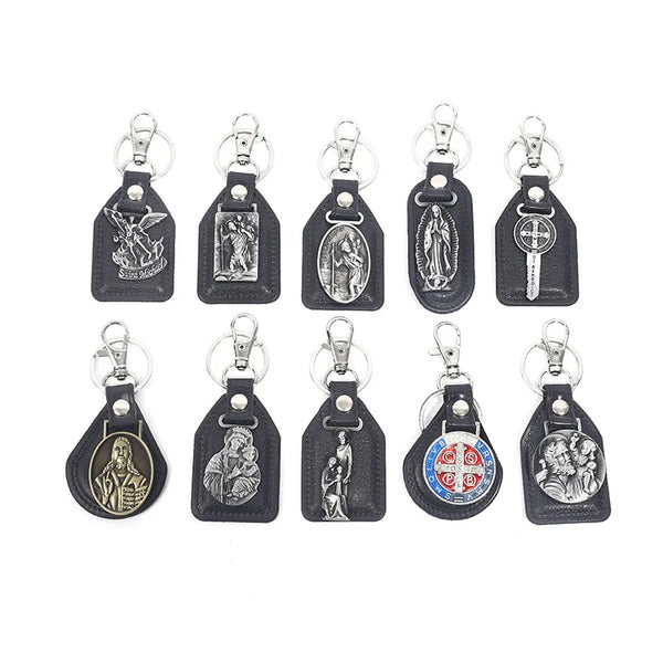PU Leather Keychain Saint Christopher Charm Pendant Men Antique Bronze Plated Hook Keychain Car Keychain