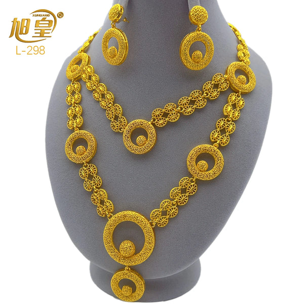 Dubai 24K Gold Color Jewelry Sets Wedding African Long Necklace Earrings For Women Nigerian Indian Bridal 2PCS Set Party Gifts