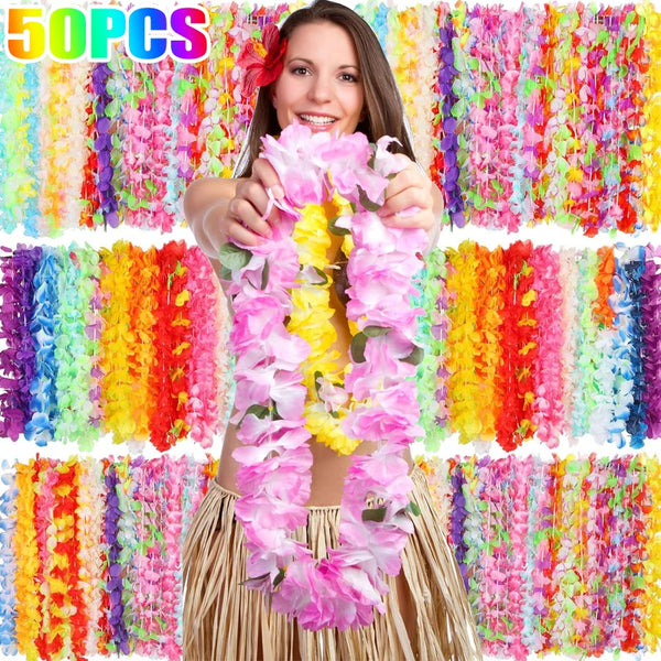 5-50pcs Colorful Hawaiian Flower Necklace Summer Tropical Beach Pool Party Favors Wreaths Birthday Wedding Decoration Garlands