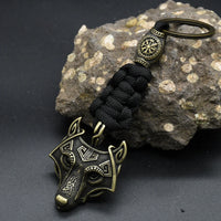 Nordic Mythology Wolf Head Keychain Men's Retro Handmade Survival Rope Lanyard Pendant Keyring Vikings Runes Vegvisir Jewelry