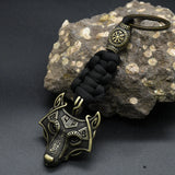 Nordic Mythology Wolf Head Keychain Men's Retro Handmade Survival Rope Lanyard Pendant Keyring Vikings Runes Vegvisir Jewelry