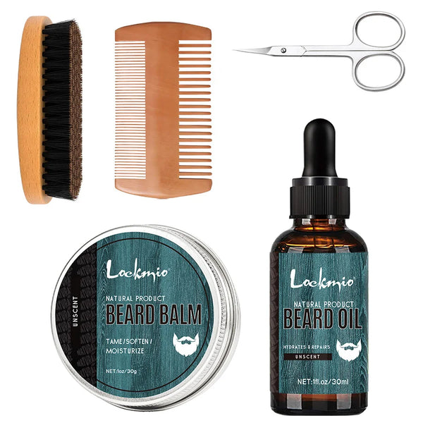 5pcs/set Beard Oil Balm for Men Beards Moisturizing Care Essential Oil for Promote Healthy Beards Growth Beard Styling Tool Kit