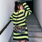 2024 Purple Striped Gothic Sweaters Women Ripped Holes Loose Knitted Pullover Frayed Fairy Grunge Jumpers Emo Streetwear Lolita