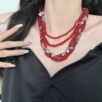 Luxurious Multi-Layer Red Beaded Flower Tassel Necklace Fashionable Choker High-End Clavicle Chain Jewelry Accessory