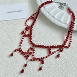 Luxurious Multi-Layer Red Beaded Flower Tassel Necklace Fashionable Choker High-End Clavicle Chain Jewelry Accessory