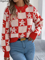VigoCasey 2025 Autumn Winter Christmas Knitted Sweater Women Casual Plaid Print Pullover Lady Lantern Long Sleeve Loose Jumper