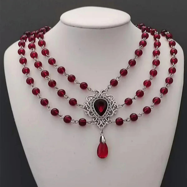 Gothic Witch Drop Necklace Vintage Blood Red Beaded Chain Jewelry For Women Girls, Mystery, Vampire, Rosary,Choker For Her