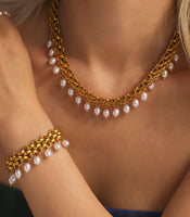 Stainless Steel Crawler Necklace Bracelet For Women 18k Gold Plated Imitation Pearl Tassel Charm Women's Necklaces Bracelets Set