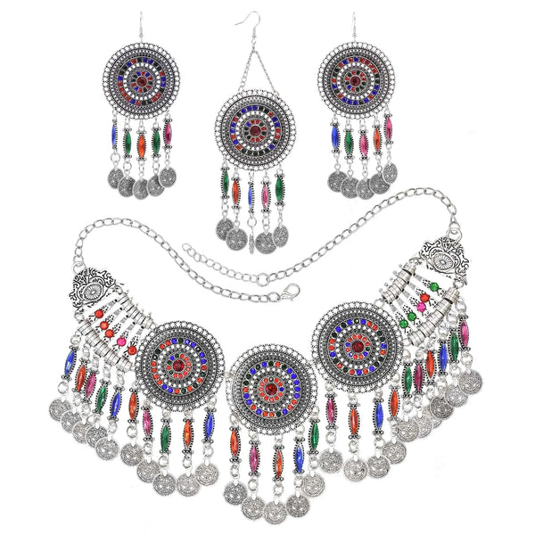 Vintage Colorful Crystal Coins Necklace Earrings Hair Accessories for Women Traditional Gypsy Afghan Bohemian Ethnic Jewelry Set
