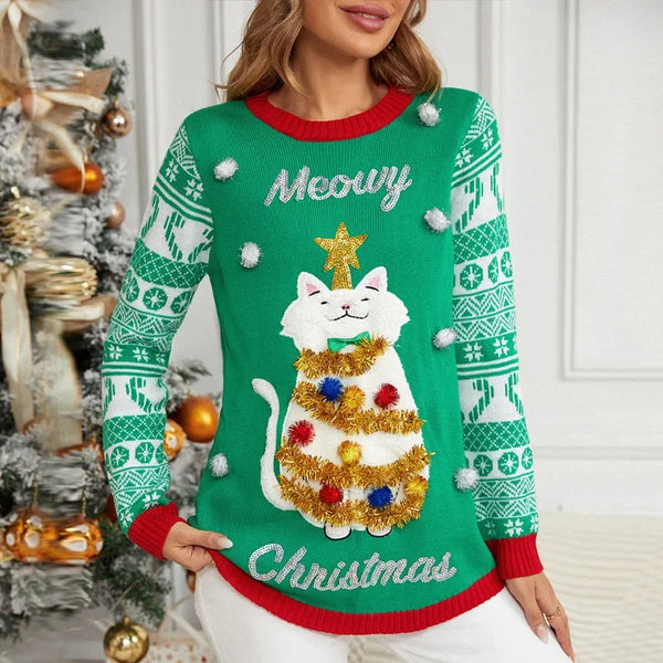Y2k Style Women's Christmas Sweaters 3d Cartoon Cat Knitted Jumper Full Sleeve O Neck Soft Loose Knitwear Xmas Look Pullover Top