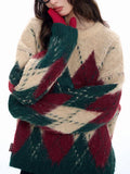 Spliced Christmas Hot Red Diamond Grid Top Checkered Round Neck Knit Long Sleeve Retro Sweater Women Street Design Loose Casual