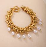 Stainless Steel Crawler Necklace Bracelet For Women 18k Gold Plated Imitation Pearl Tassel Charm Women's Necklaces Bracelets Set