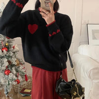 Xingqing Christmas y2k Sweaters Women Clothes Heart Print Round Neck Long Sleeve Knitted Pullover Tops 2000s Aesthetic Clothing