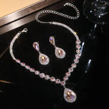 FYUAN Luxury Red Green Blue Black Pink Crystal Necklace Earrings For Women Water Drop Pendant Wedding Bride Jewelry Sets