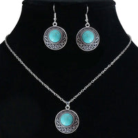 Vintage national imitation Turquoise women's earring necklace set antique silver plated alloy green earring necklace