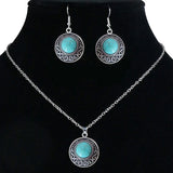 Vintage national imitation Turquoise women's earring necklace set antique silver plated alloy green earring necklace