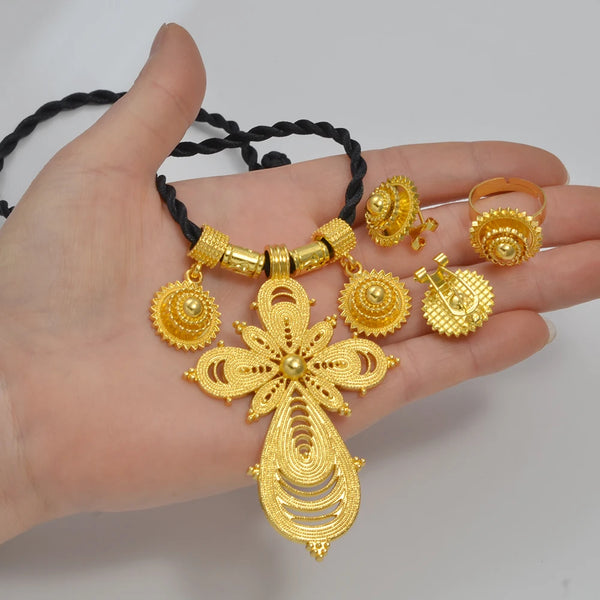 Anniyo 2025 NEW Ethiopian Jewelry Sets Cross Pendant Necklaces Earrings Rings African Eritrean Habesha Weeding Gifts #300116