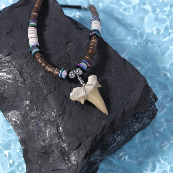 Bohemian Shark Tooth Necklace - Coconut Shell & Wood Bead Design, Irregular Collarbone Chain for Women & Men