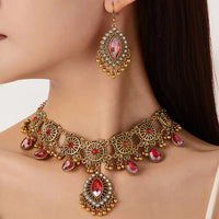 Ethnic Vintage Jewelry Set Resin Stone Jewelry Sets Hollow Metal Water Drop Pendant Necklace Earrings Set For Women Gift Jewelry
